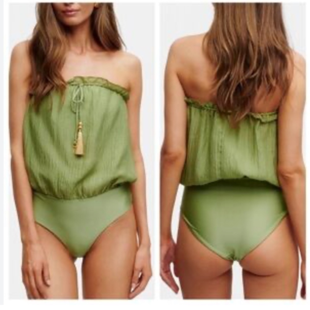 Strapless Blouson One-Piece Swimsuit in Olive Green